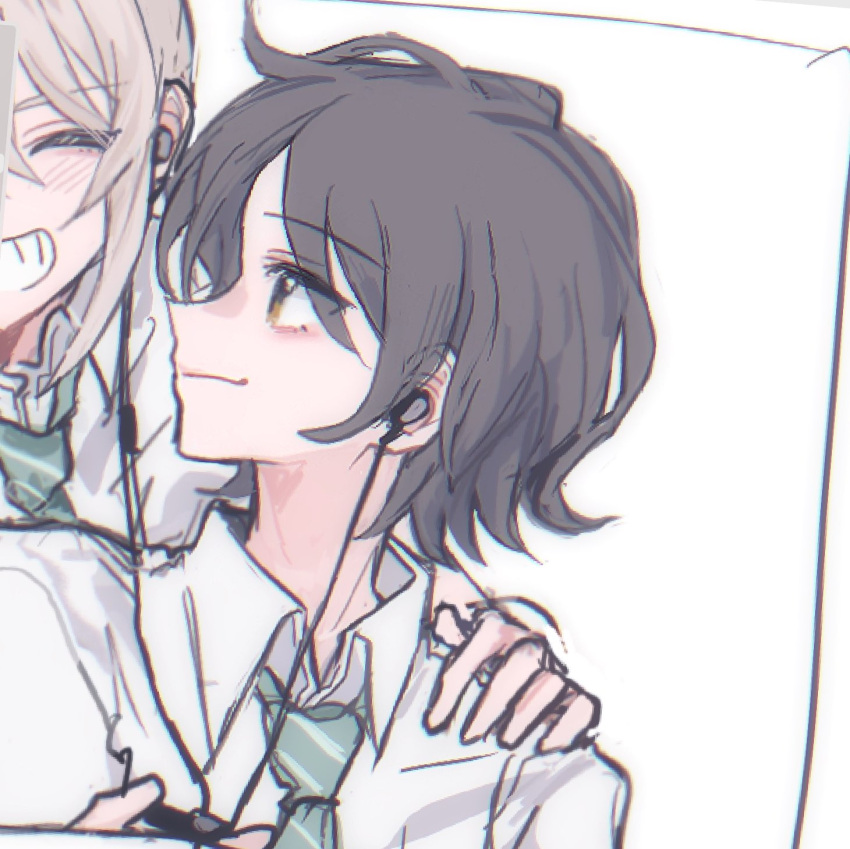 2girls, articularm, blush, chinese_commentary, clenched_teeth, closed_eyes, collared_shirt, commentary_request