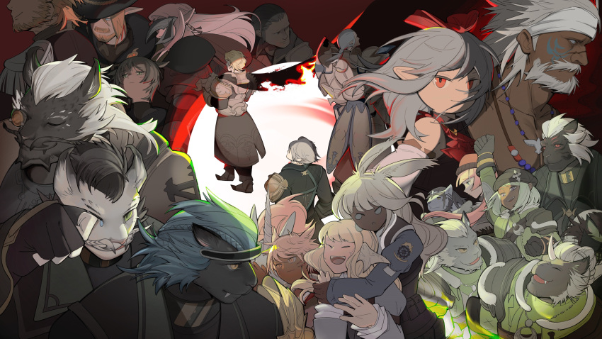 6+boys, 6+girls, absurdres, armor, beard, blue_hair, braid, character_request