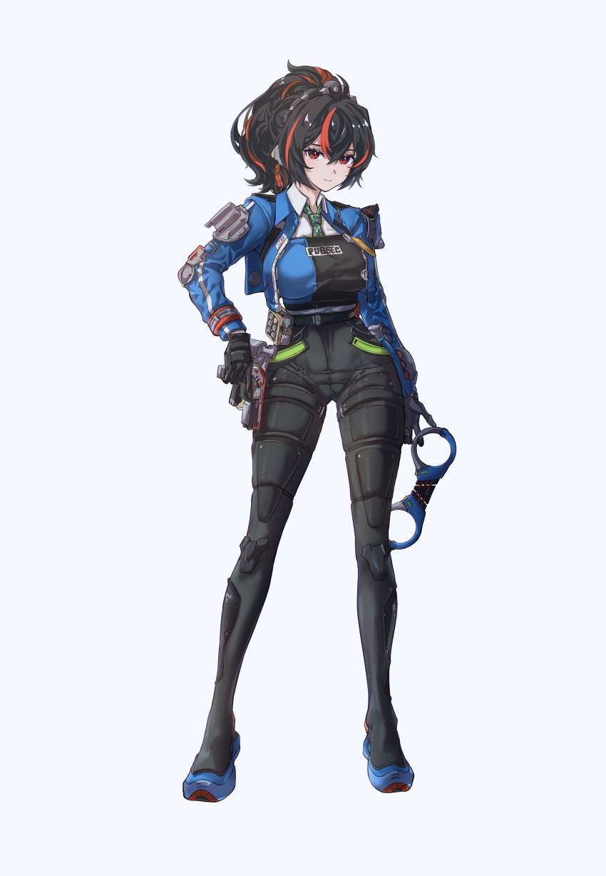 1girl, absurdres, black_gloves, black_hair, black_pants, blue_jacket, closed_mouth, full_body
