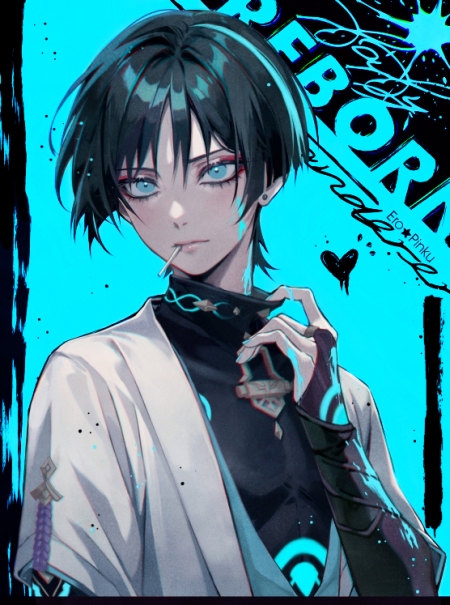 1boy, armor, artist_name, black_bodysuit, black_hair, blue_eyes, blunt_ends, bodysuit