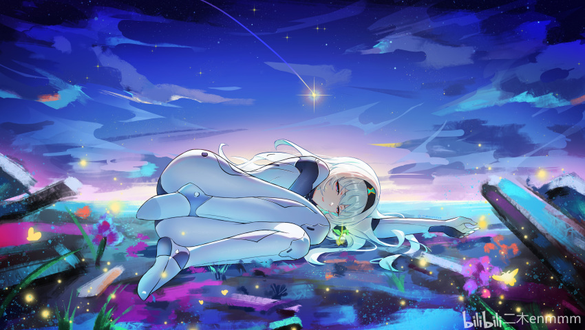 1girl, absurdres, black_hairband, bodysuit, ermu_(enmmm), firefly_(ar-26710)_(honkai:_star_rail), firefly_(honkai:_star_rail), grey_hair, hair_between_eyes, hair_intakes, hair_ornament, hairband, highres, honkai:_star_rail, honkai_(series), long_hair, lying, official_alternate_costume, on_side, parted_lips, pilot_suit, scar, scar_on_face, shooting_star, two-tone_eyes, white_bodysuit