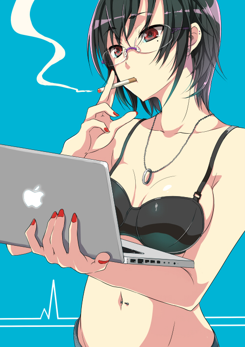breasts, cigarette, computer, glasses, jewelry, laptop, lingerie, macbook, mole, navel, navel_piercing, necklace, original, piercing, pochi-goya, pochi_(pochi-goya), red_eyes, short_hair, solo, underwear