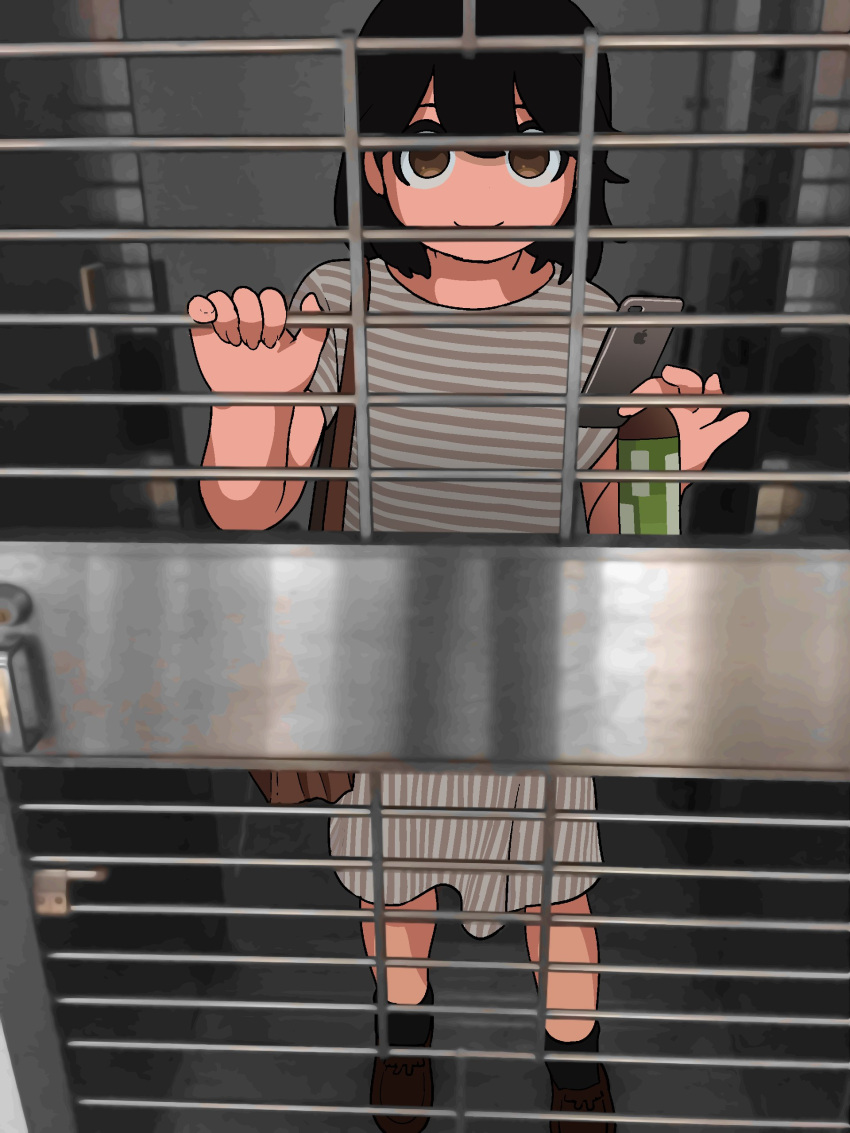 1girl, absurdres, bag, bank_vault, black_hair, black_socks, brown_eyes, brown_footwear