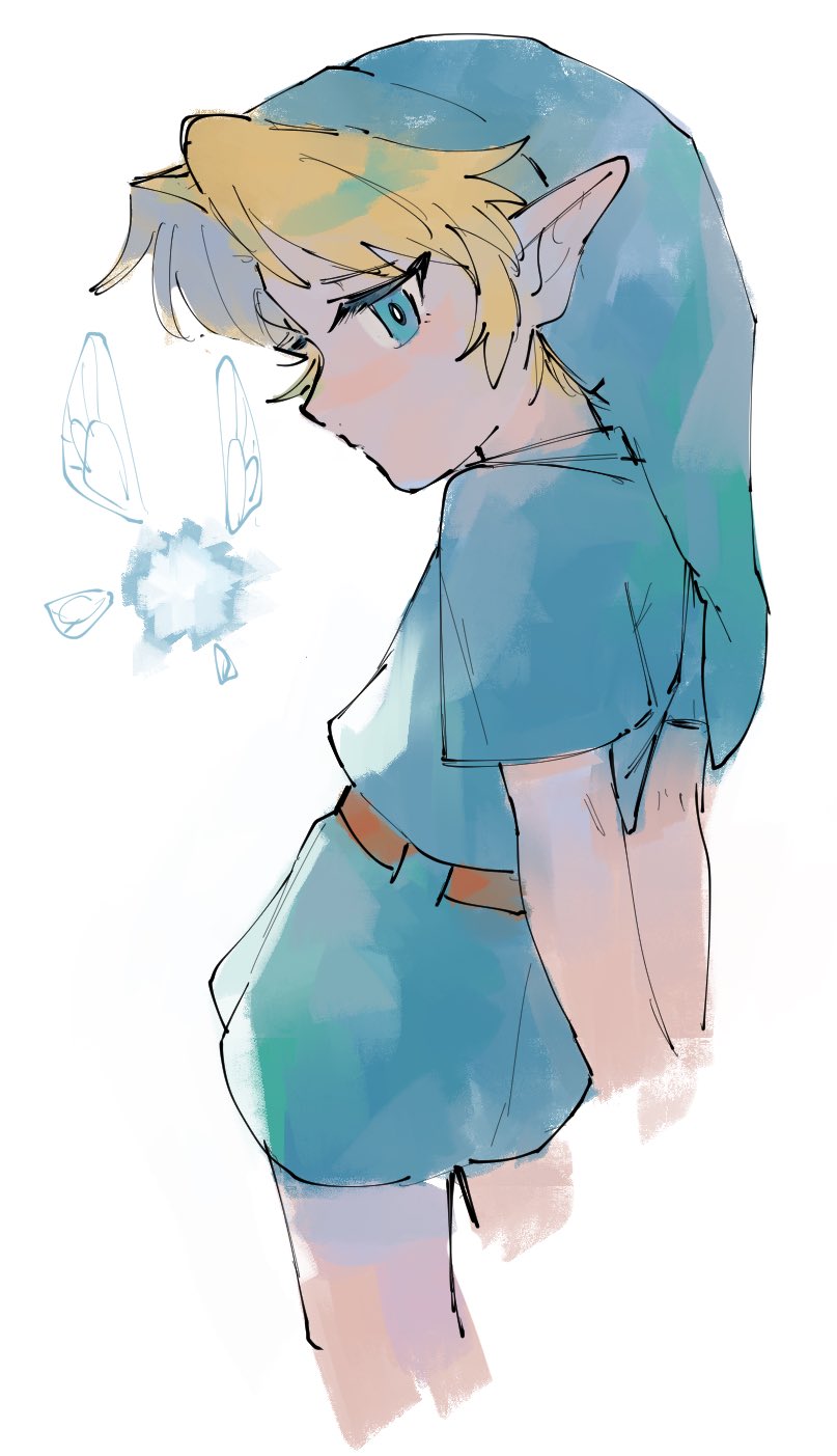 1boy, aqua_eyes, aqua_hat, aqua_tunic, arms_behind_back, belt, blonde_hair, brown_belt