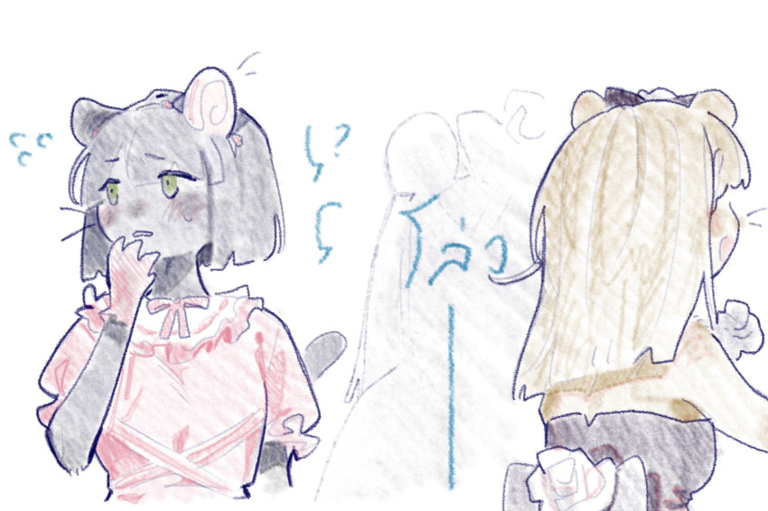 2girls, backless_dress, backless_outfit, black_bow, black_hair, blunt_bangs, blunt_ends, blush