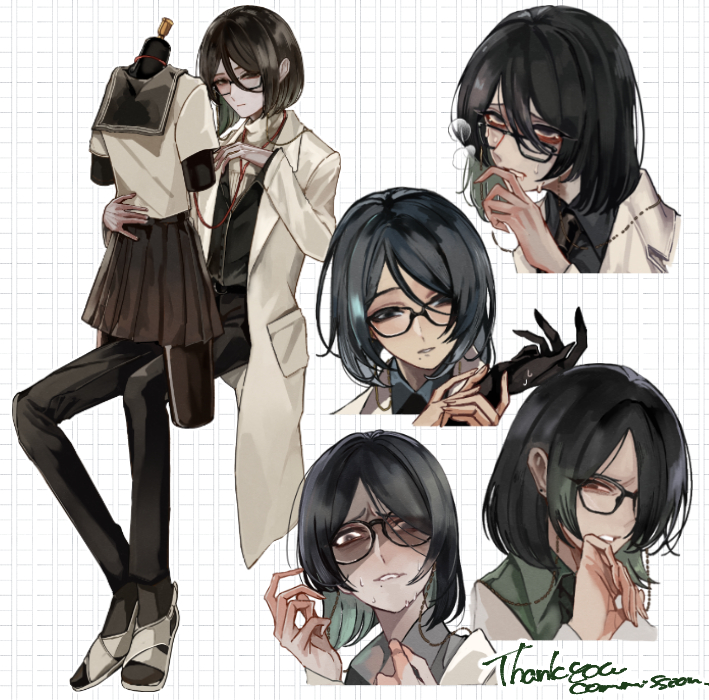 1boy, aqua_hair, ashioka_kuraco, black_eyes, black_hair, black_jacket, black_necktie, black_pants, black_socks, bob_cut, coat, collared_shirt, colored_inner_hair, commission, disgust, doctor, expressionless, expressions, eyewear_strap, full_body, furrowed_brow, green_shirt, hair_between_eyes, hand_to_own_mouth, holding, holding_another's_wrist, invisible_chair, jacket, lab_coat, long_bangs, looking_at_hand, looking_at_viewer, male_focus, mannequin, mole, mole_under_mouth, multicolored_hair, multiple_views, necktie, open_clothes, open_coat, original, pants, parted_lips, rolling_eyes, sandals, school_uniform, serafuku, shirt, sitting, skeb_commission, socks, solo, stethoscope, sweatdrop, turtleneck, white_background, white_shirt