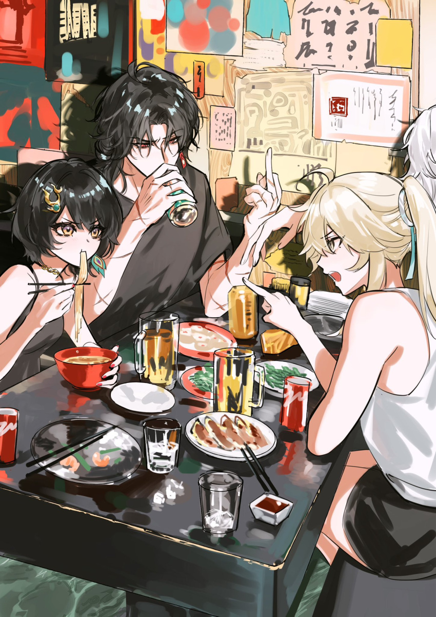 1girl, 3boys, ahoge, bare_shoulders, black_hair, black_shirt, black_shorts, blade_(honkai:_star_rail), blonde_hair, can, chair, choker, chopsticks, cup, cuts, drink_can, drinking, drinking_glass, earrings, eating, elbow_rest, family, food, friends, from_side, hair_between_eyes, hair_ornament, hair_ribbon, hairclip, hand_up, hands_up, high_ponytail, highres, holding, holding_can, holding_chopsticks, honkai:_star_rail, honkai_(series), index_finger_raised, indoors, injury, jam8366, jewelry, jing_yuan, long_hair, looking_at_another, middle_finger, multiple_boys, noodles, open_mouth, orange_eyes, pointing, ponytail, red_eyes, red_nails, ribbon, scar, scar_on_arm, shadow, shirt, short_hair, short_sleeves, shorts, single_earring, sitting, sleeveless, soda, soda_can, table, thighs, white_hair, white_shirt, yanqing_(honkai:_star_rail), yellow_eyes, yunli_(honkai:_star_rail)