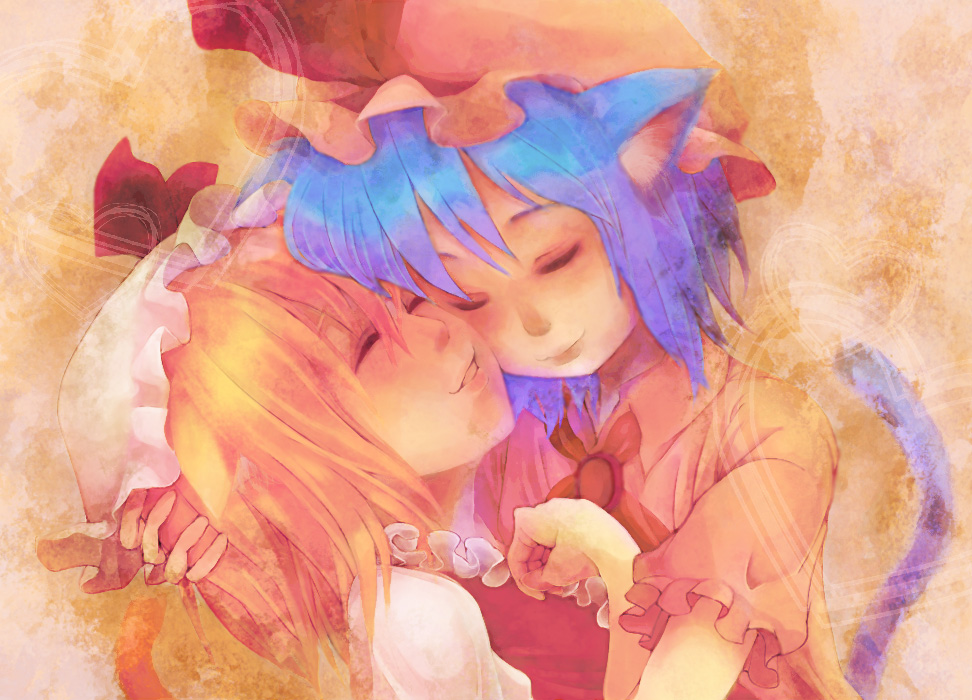 animal_ears, buutan, cat_ears, cat_tail, cheek-to-cheek, cheek_to_cheek, flandre_scarlet, kemonomimi_mode, multiple_girls, remilia_scarlet, siblings, sisters, tail, touhou