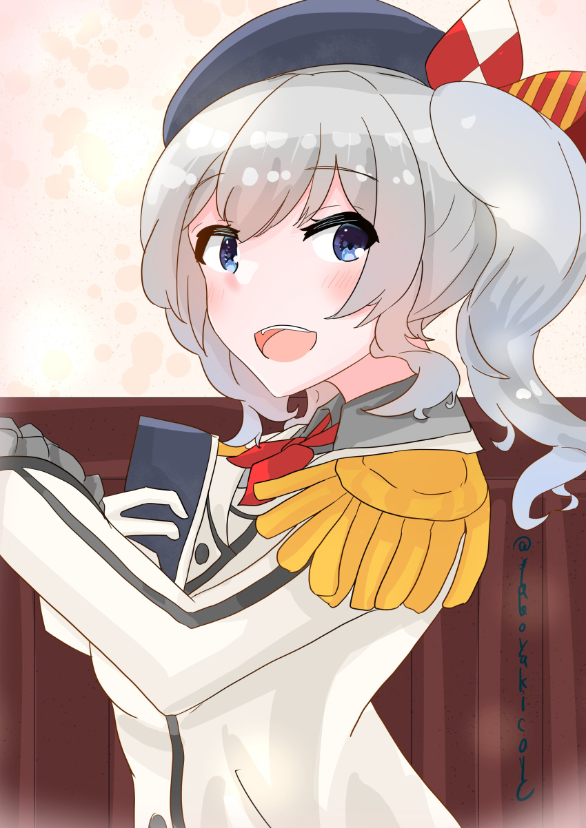 1girl, absurdres, blue_eyes, book, coic_hakushaku, commentary_request, epaulettes, grey_hair, highres, jacket, kantai_collection, kashima_(kancolle), long_hair, looking_at_viewer, military_jacket, military_uniform, neckerchief, one-hour_drawing_challenge, open_mouth, red_neckerchief, smile, solo, twintails, uniform, upper_body, wavy_hair