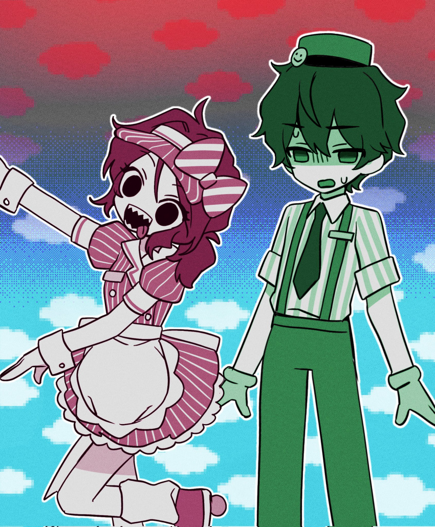 1boy, 1girl, andrew_graves, apron, arms_at_sides, ashley_graves, back_bow, black_eyes