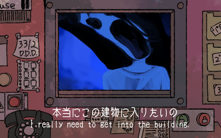 1girl, antique_phone, bilingual, black_eyes, black_hair, copyright_request, hellmari_(omori), highres, looking_at_viewer, mixed-language_text, omori, open_mouth, phone, rotary_phone, shakomori_w, short_sleeves, solo, spoilers, teeth, upper_teeth_only