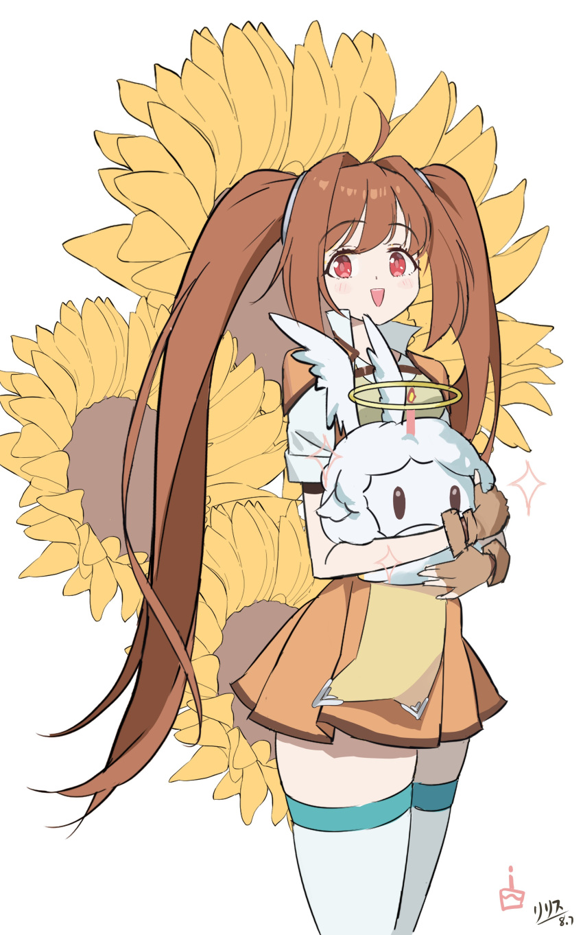 1girl, :d, absurdres, ahoge, brown_gloves, commentary_request, dot_nose, eiyuu_densetsu