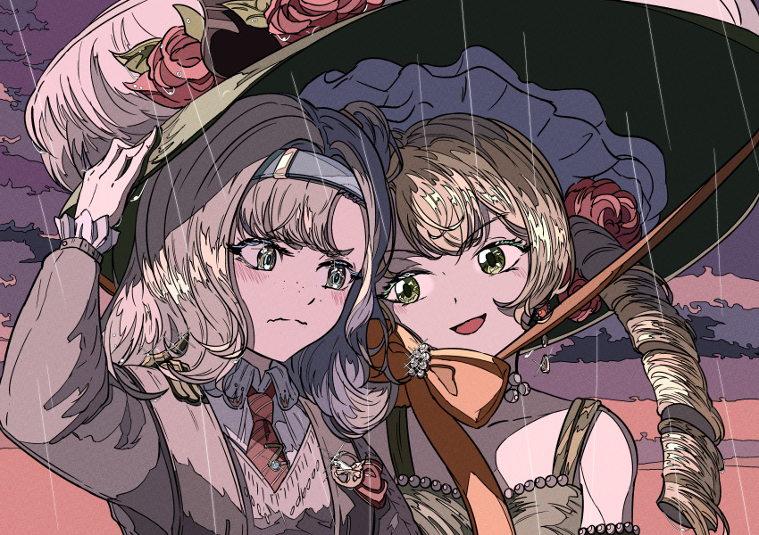 2girls, :d, absurdres, arm_up, bare_shoulders, black_hairband, blonde_hair, blue_eyes