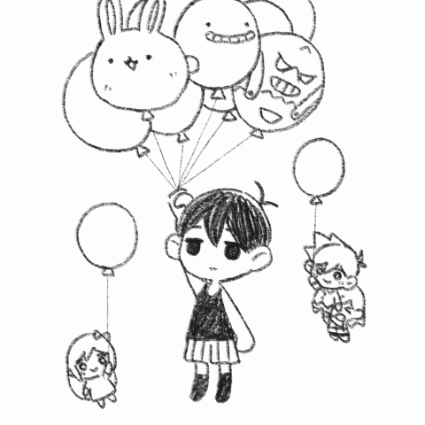1boy, aubrey_(headspace)_(omori), aubrey_(omori), balloon, boss_(omori), character_balloon, character_doll, chibi