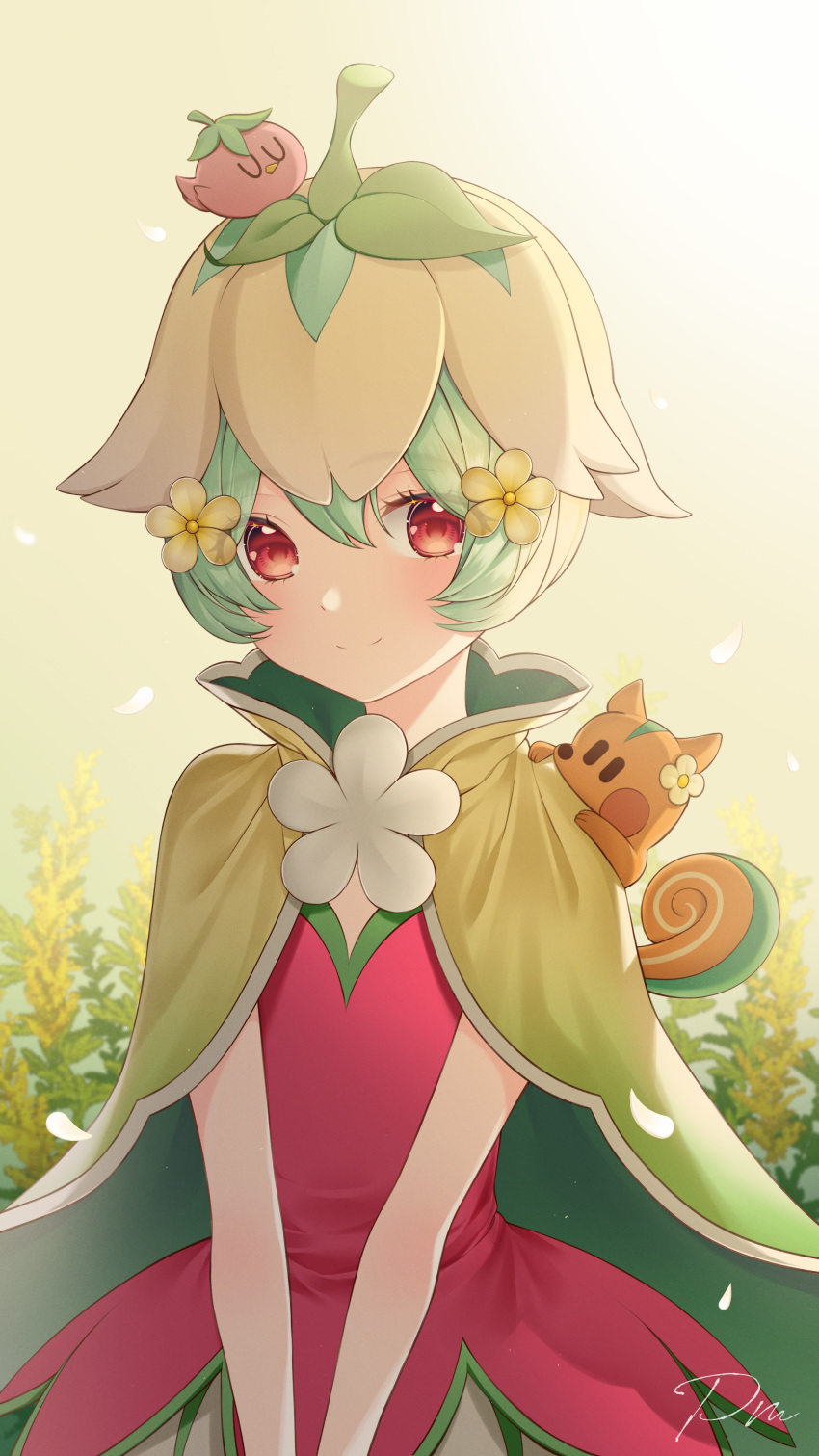 1girl, absurdres, animal_on_head, animal_on_shoulder, artist_name, blush, cape, cookie_run