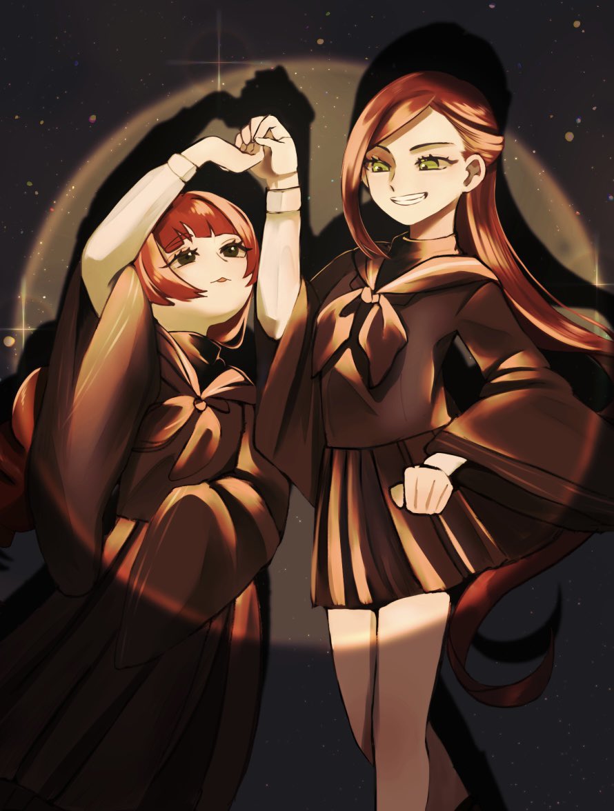 2girls, :3, black_eyes, brown_hair, clenched_hand, dancing, dress, feet_out_of_frame