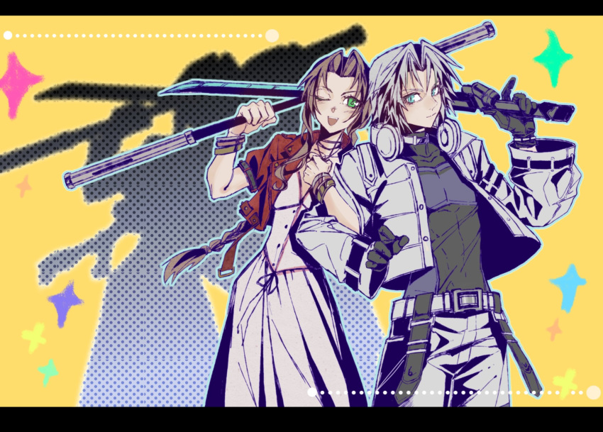 1boy, 1girl, aerith_gainsborough, aqua_eyes, bangle, black_border, black_gloves, black_wetsuit, blue_wetsuit, border, bracelet, braid, braided_ponytail, choker, closed_mouth, coat, cropped_coat, cropped_jacket, dress, final_fantasy, final_fantasy_vii, final_fantasy_vii_ever_crisis, final_fantasy_vii_rebirth, final_fantasy_vii_remake, flower_choker, gloves, green_eyes, headphones, highres, jacket, jewelry, letterboxed, light_blush, locked_arms, long_dress, long_hair, long_sleeves, multicolored_wetsuit, official_alternate_costume, one_eye_closed, open_mouth, over_shoulder, parted_bangs, pink_dress, red_jacket, sephiroth, sephiroth_(natant_jacket), short_hair, short_sleeves, sidelocks, single_braid, slit_pupils, smile, upper_body, wavy_hair, weapon, weapon_over_shoulder, white_coat, yellow_background, zdax20001212