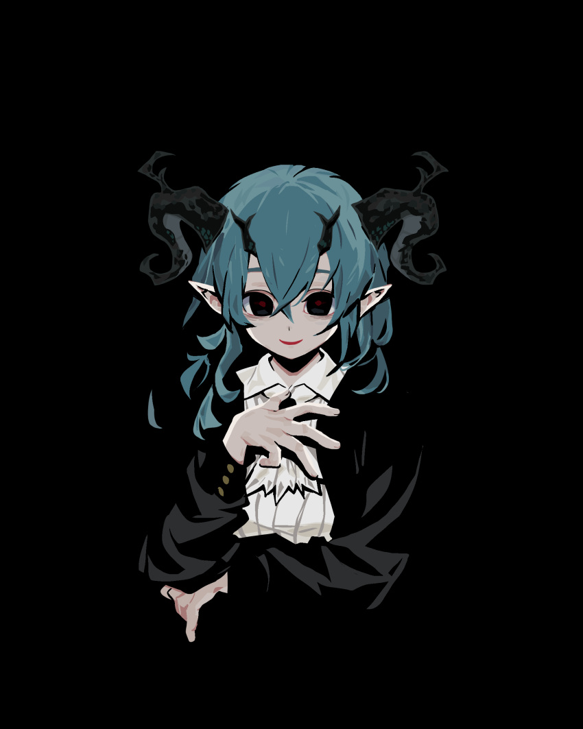 1girl, absurdres, black_background, black_eyes, black_horns, black_suit, black_theme, blue_hair, crossed_arms, crossed_bangs, dark, demon_girl, dot_nose, hair_between_eyes, hands_on_own_chest, high_contrast, highres, horns, long_hair, long_sleeves, looking_at_viewer, mixed_horns, multiple_horns, open_suit, original, pointy_ears, shirt, sidelocks, simple_background, smile, solo, straight-on, suit, upper_body, white_shirt, xity