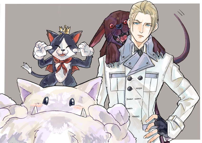 1boy, absurdres, animal_on_head, black_fur, black_gloves, blonde_hair, blue_eyes, border