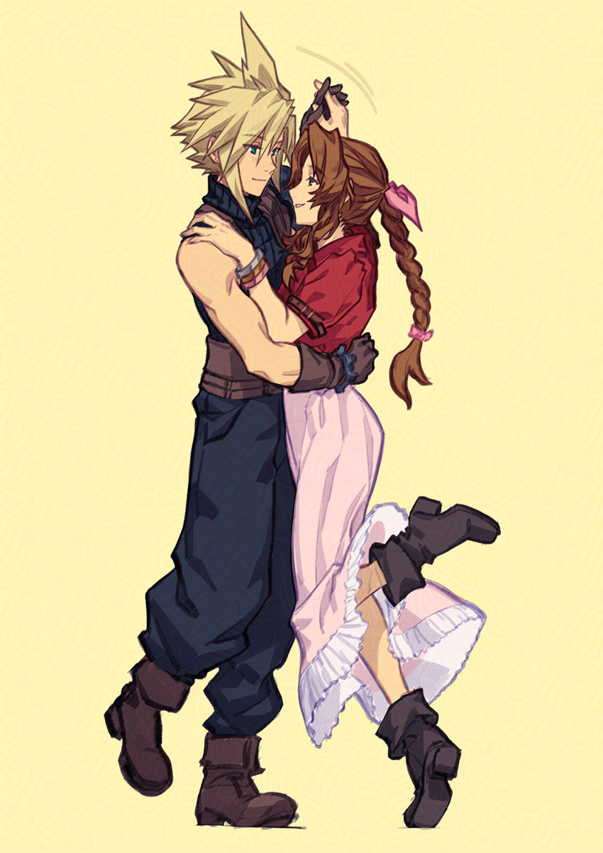 1boy, 1girl, aerith_gainsborough, arm_around_waist, armor, baggy_pants, bangle, belt, blonde_hair, blue_shirt, boots, bracelet, braid, braided_ponytail, brown_belt, brown_footwear, brown_gloves, brown_hair, cloud_strife, couple, cropped_jacket, dancing, dress, ff7_ree, final_fantasy, final_fantasy_vii, final_fantasy_vii_rebirth, final_fantasy_vii_remake, full_body, gloves, hair_between_eyes, hair_ribbon, hetero, highres, holding_hands, jacket, jewelry, long_dress, long_hair, looking_at_another, multiple_belts, pants, parted_bangs, pink_dress, pink_ribbon, red_jacket, ribbon, shirt, short_hair, short_sleeves, shoulder_armor, sidelocks, single_bare_shoulder, single_braid, single_shoulder_pad, sleeveless, sleeveless_turtleneck, smile, spiky_hair, suspenders, turtleneck, yellow_background