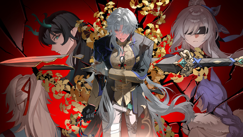 2girls, 3boys, absurdres, baiheng_(honkai:_star_rail), bandaged_arm, bandaged_hand, bandages, black_gloves