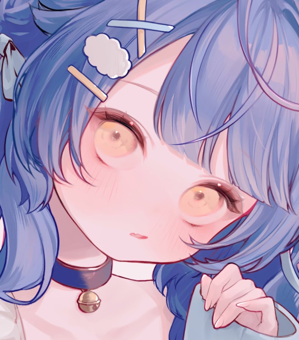 1girl, amamiya_kokoro, amamiya_kokoro_(6th_costume), bell, black_choker, blue_hair, blunt_bangs, choker