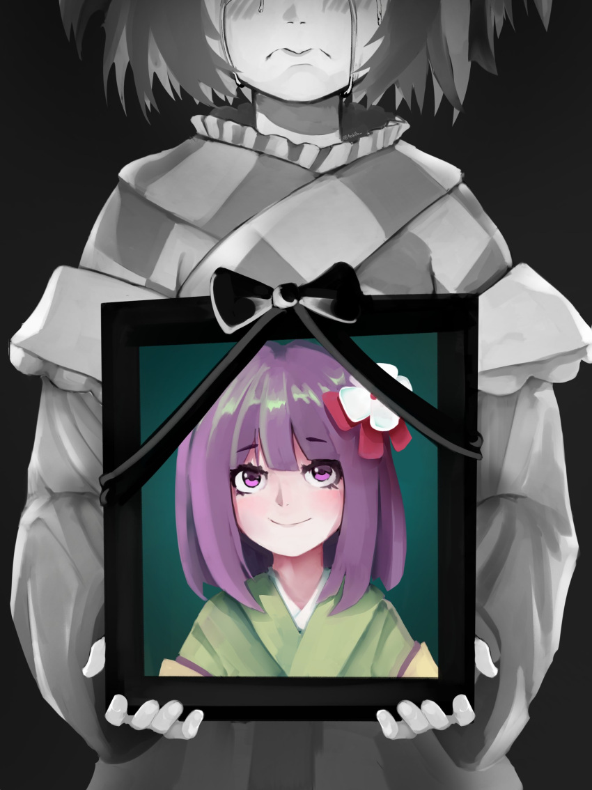 1girl, 4rdilla, absurdres, black_background, blush, checkered_clothes, checkered_kimono, closed_mouth, commentary, hieda_no_akyuu, highres, japanese_clothes, kimono, looking_at_viewer, motoori_kosuzu, partially_colored, portrait, portrait_(object), purple_hair, short_hair, simple_background, smile, solo, touhou, upper_body