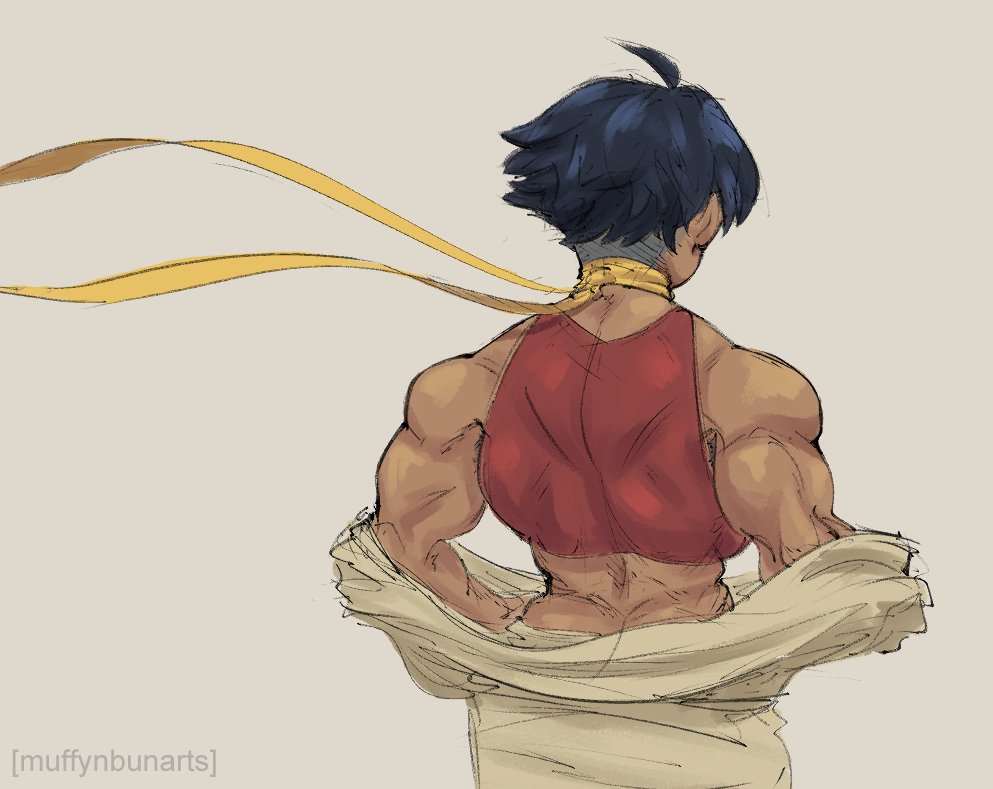 1girl, back_muscles, bare_shoulders, black_hair, choker, dougi, makoto_(street_fighter), muffynbunarts