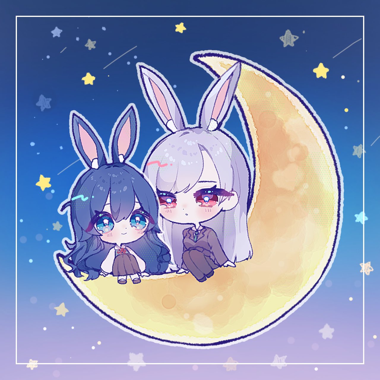 2girls, aaaakonnitiha, animal_ears, aqua_eyes, blue_hair, blush, chibi, chibi_only, crescent_moon, dot_nose, eiai_nano, falling_star, grey_hair, highres, kimi_no_koto_ga_dai_dai_dai_dai_daisuki_na_100-nin_no_kanojo, light_smile, long_hair, moon, multiple_girls, rabbit_ears, red_eyes, school_uniform, sitting, star_(sky), very_long_hair, yoshimoto_shizuka