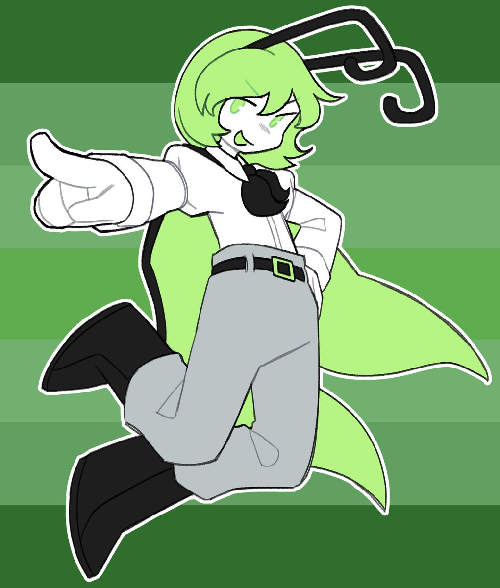 1girl, agender_flag, androgynous, antennae, belt, black_belt, black_cape, black_footwear, black_necktie, boots, cape, flag_background, full_body, gloves, green_eyes, green_hair, grey_pants, highres, juliet_sleeves, lgbt_pride, long_sleeves, mayberai, necktie, open_mouth, pants, pointing, pointing_at_viewer, puffy_sleeves, shirt, short_hair, smile, touhou, two-sided_cape, two-sided_fabric, white_gloves, white_shirt, wriggle_nightbug