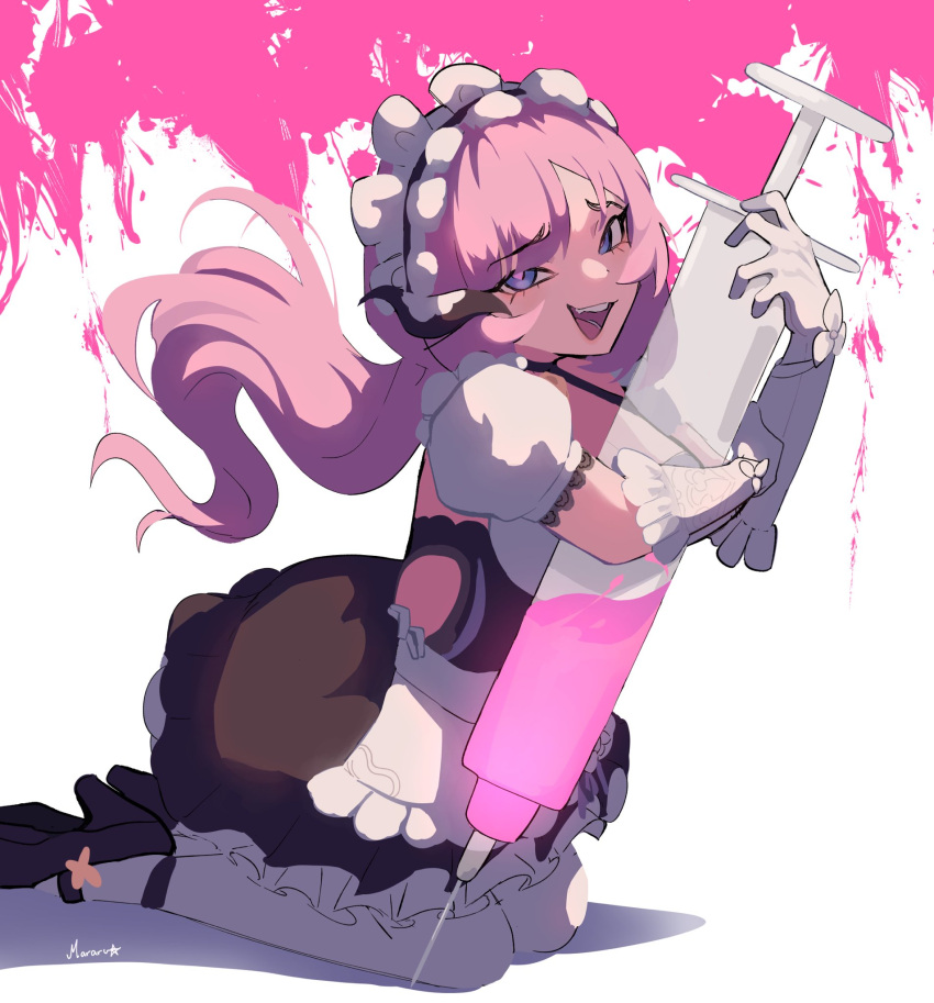 1girl, apron, black_footwear, blue_eyes, clothing_cutout, elbow_gloves, elysia_(honkai_impact), elysia_(miss_pink)_(honkai_impact)