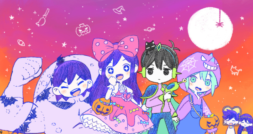 +_+, 2girls, 4boys, aubrey_(headspace)_(omori), aubrey_(omori), basil_(headspace)_(omori), basil_(omori), basket