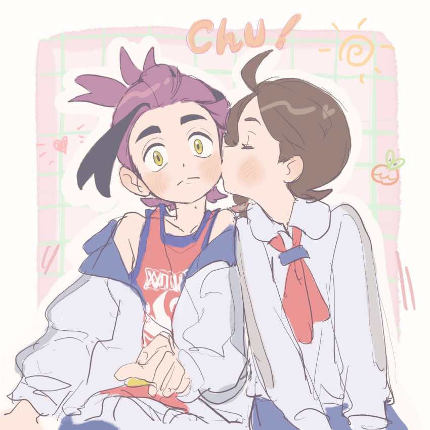 1boy, 1girl, 314pic, ahoge, black_hair, blush, border, brown_hair, closed_eyes, closed_mouth, collared_shirt, commentary_request, heart, hetero, highres, jacket, juliana_(pokemon), kieran_(pokemon), kiss, multicolored_hair, off_shoulder, pants, pokemon, pokemon_sv, purple_hair, shirt, shorts, sleeveless, sleeveless_shirt, split_mouth, two-tone_hair, white_border, white_jacket, white_shirt, white_shorts, yellow_eyes
