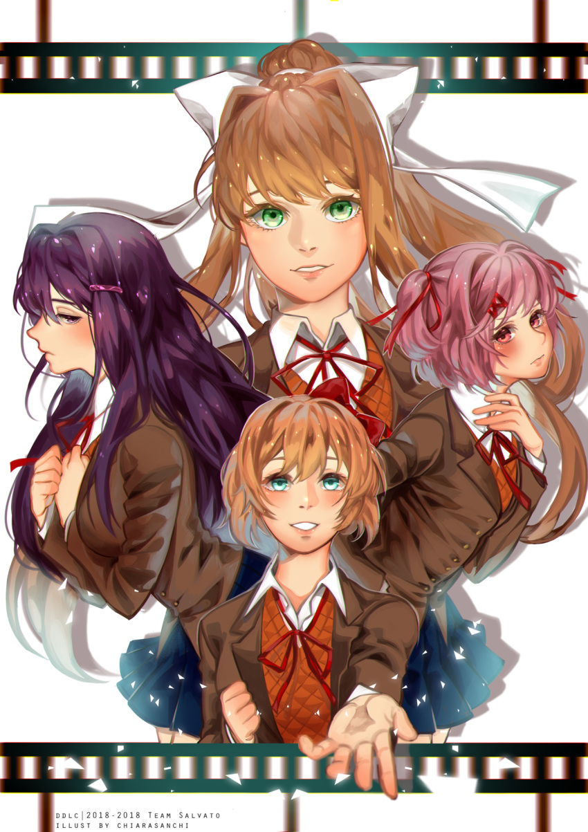 4girls, aqua_eyes, blazer, blue_skirt, blush, bow, brown_hair, brown_jacket