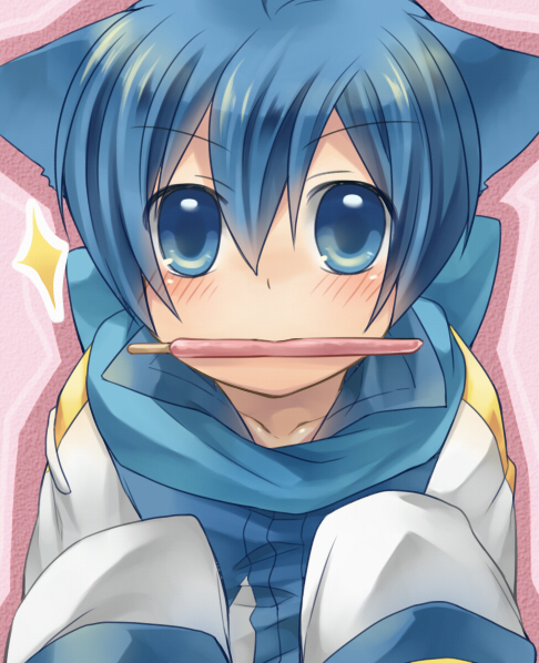 animal_ears, blsh, blue_eyes, blue_hair, blush, cat_ears, catboy, kaito, male, pocky, scarf, shinyae, solo, sparkle, vocaloid