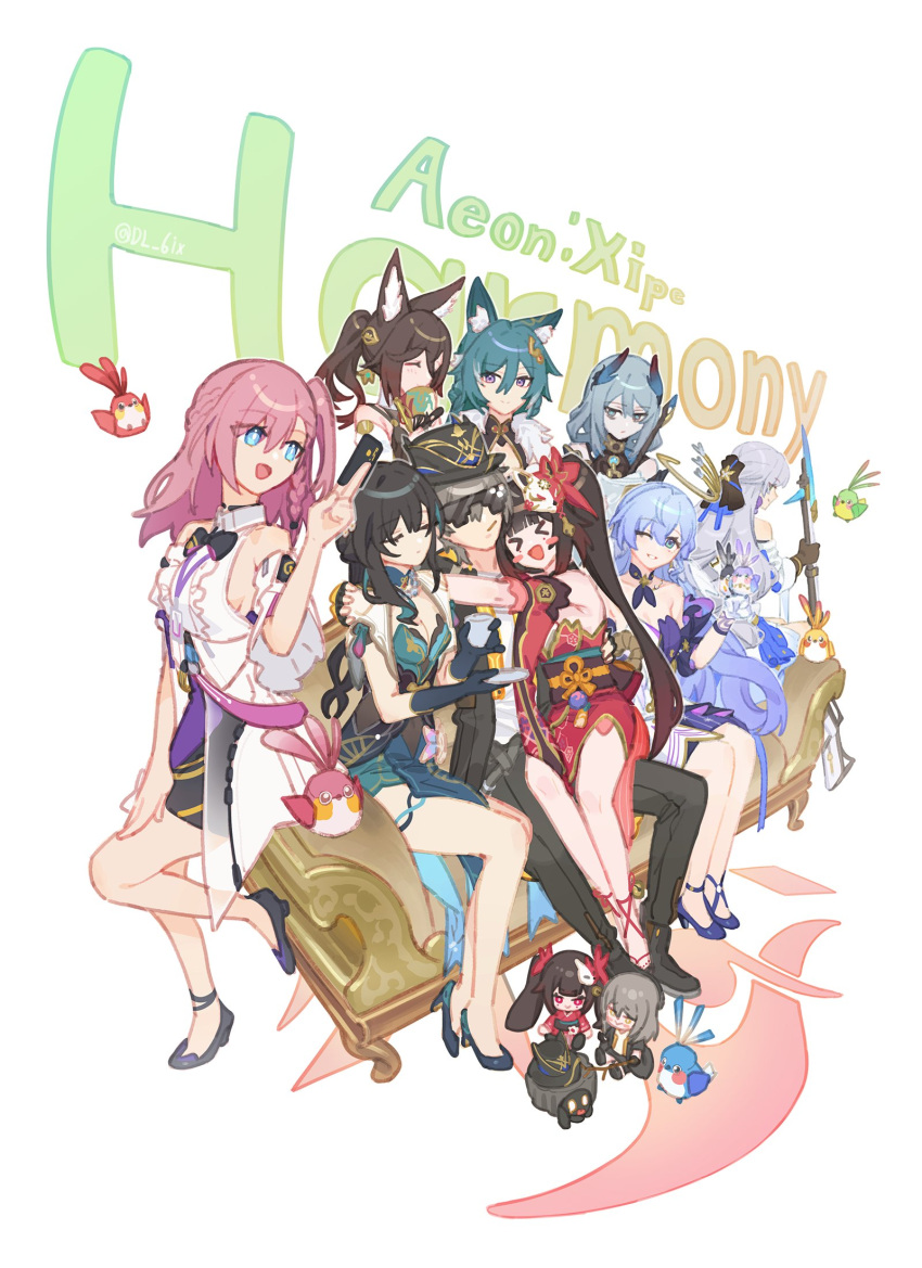 >_<, 1boy, 6+girls, animal_ears, asta_(honkai:_star_rail), black_hair, blue_hair, bronya_rand