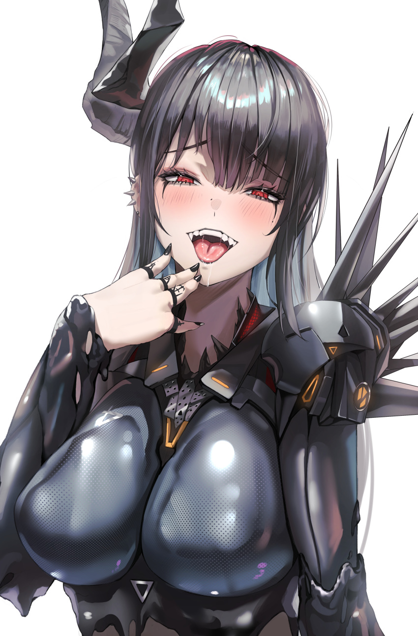 1girl, :d, absurdres, behemoth_(nikke), black_hair, black_nails, blush, breasts, drooling, goddess_of_victory:_nikke, highres, horns, jindogod, large_breasts, long_hair, looking_at_viewer, open_mouth, red_eyes, simple_background, single_horn, smile, solo, teeth, tongue, white_background