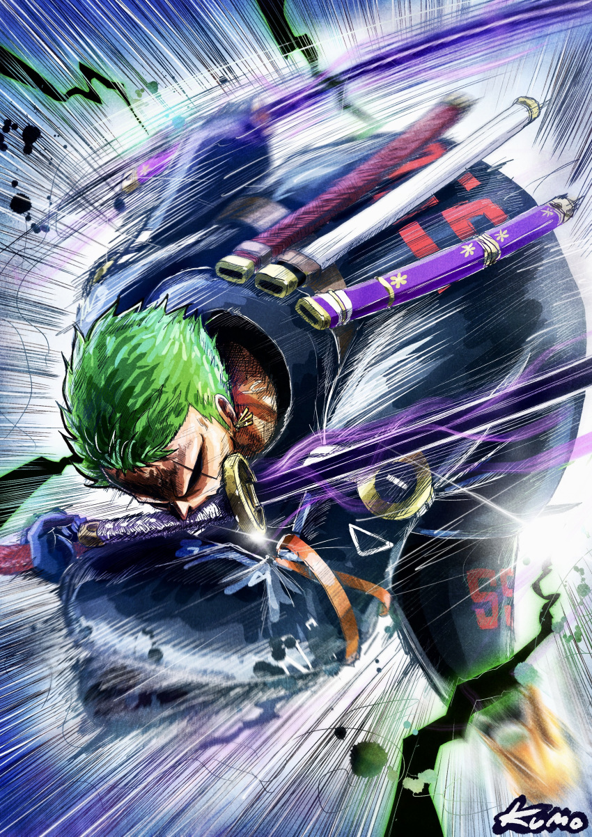 1boy, absurdres, artist_name, black_jacket, black_pants, earrings, green_eyes, haki