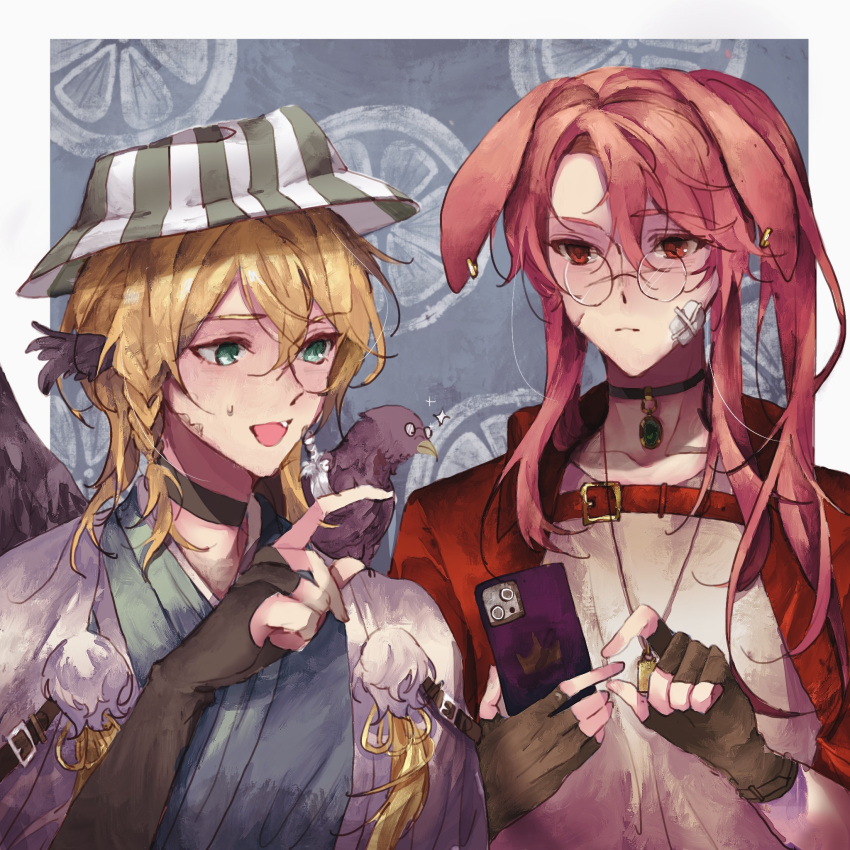 2boys, adapted_costume, alternate_costume, alternate_eye_color, androgynous, animal, animal_ear_piercing, animal_ears