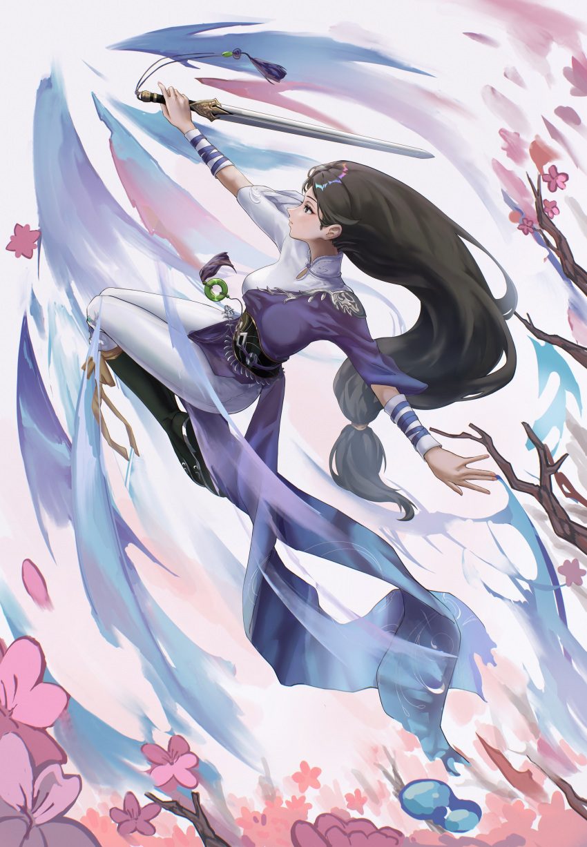 1girl, absurdres, black_eyes, black_footwear, dress, flower, half-sleeves, highres