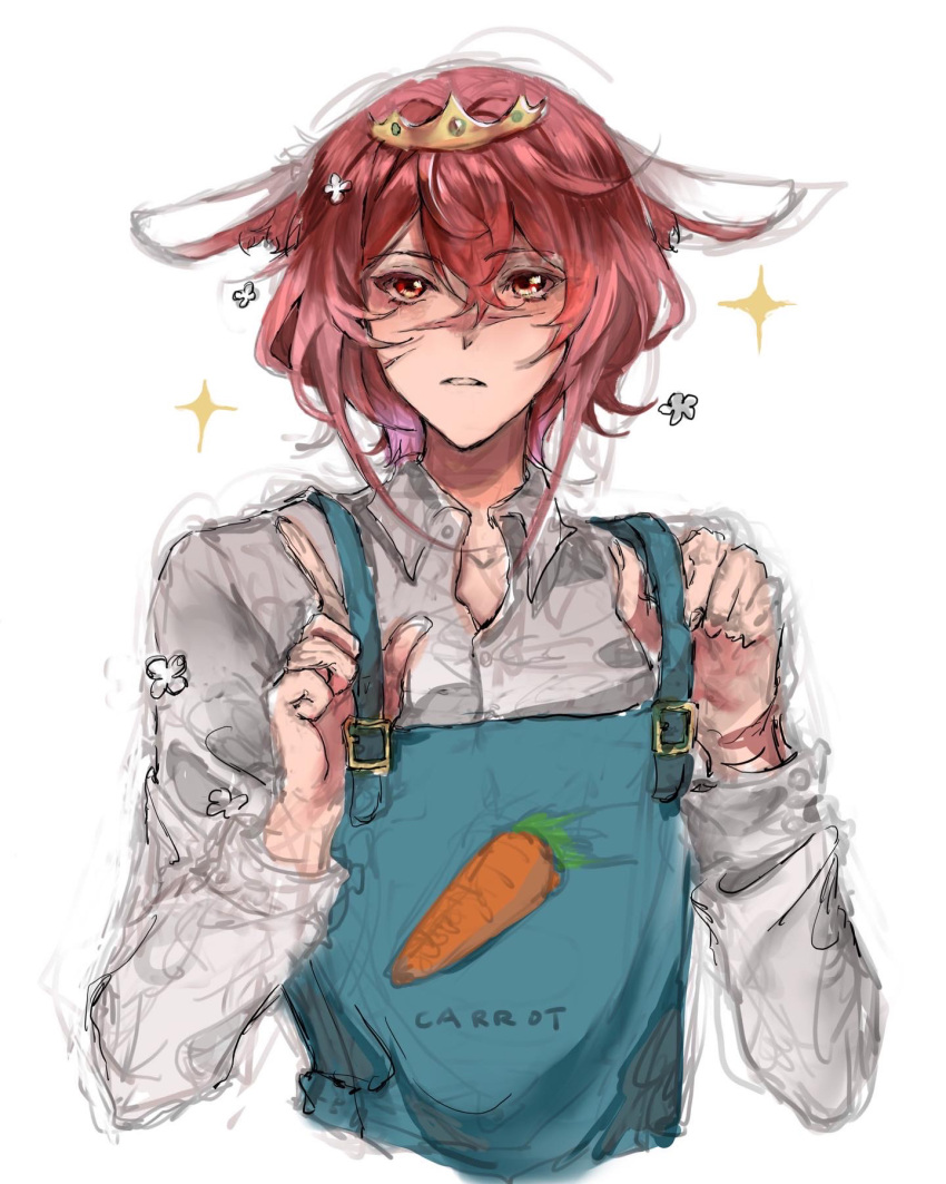 1boy, androgynous, animal_ears, animification, bishounen, blue_overalls, carrot, commentary, english_commentary, girly_boy, highres, keitsuki_akiho, male_focus, minecraft_youtube, origins_smp, overalls, pink_hair, rabbit_boy, rabbit_ears, red_eyes, shirt, short_hair, sketch, solo, technoblade, technoblade_(bunny), white_background, white_shirt