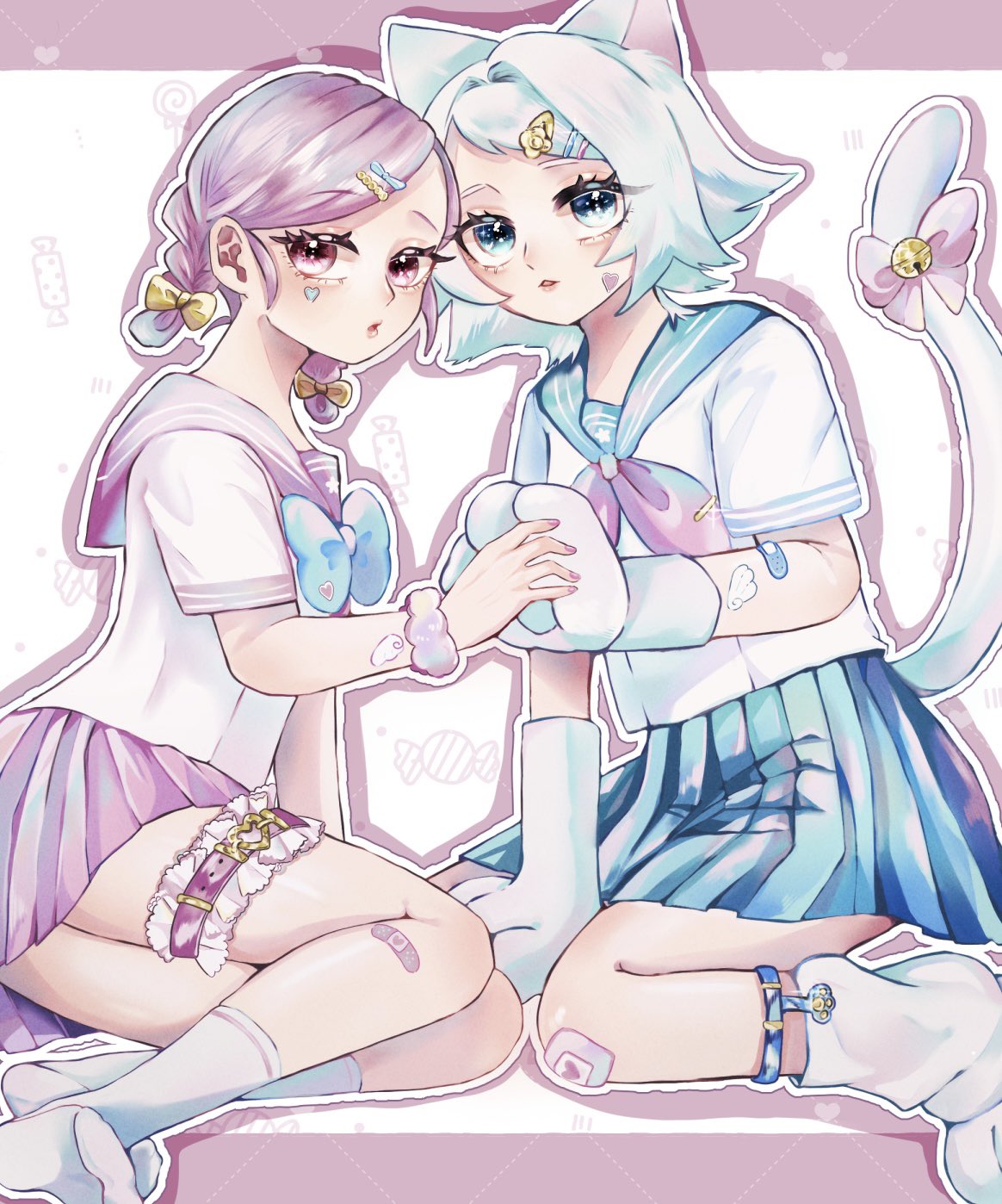 2girls, :3, animal_ears, animal_hands, aqua_bow, aqua_bowtie, aqua_eyes, aqua_hair