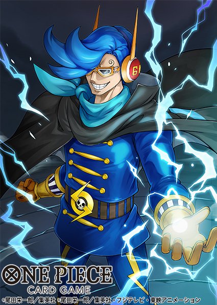 1boy, belt, black_cape, blue_hair, blue_jacket, blue_neckerchief, cape, clenched_hand, commentary_request, copyright_name, curly_eyebrows, electricity, grin, headphones, jacket, long_sleeves, looking_at_viewer, male_focus, neckerchief, official_art, one_piece, one_piece_card_game, shinra0609, smile, solo, sunglasses, vinsmoke_niji