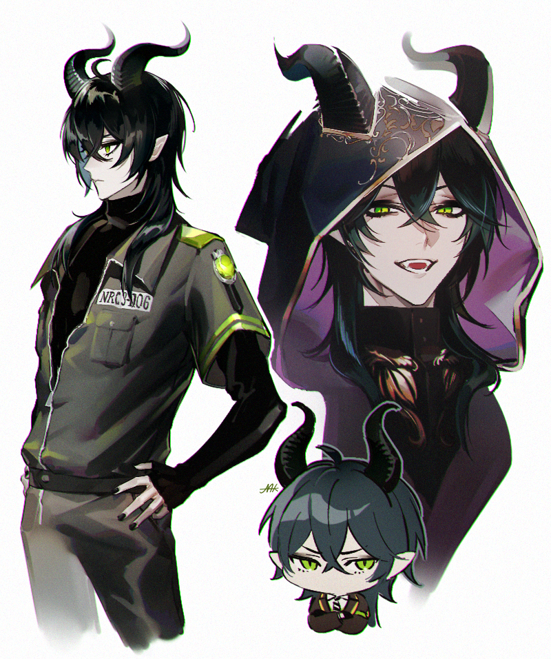 1boy, black_hair, black_nails, commentary, dragon_boy, dragon_horns, fangs, green_eyes, hair_between_eyes, hand_on_own_hip, hood, horns, long_hair, looking_at_viewer, maka_(mksrw), male_focus, malleus_draconia, multiple_views, night_raven_college_gym_uniform, open_clothes, open_mouth, pointy_ears, sidelocks, slit_pupils, sportswear, twisted_wonderland