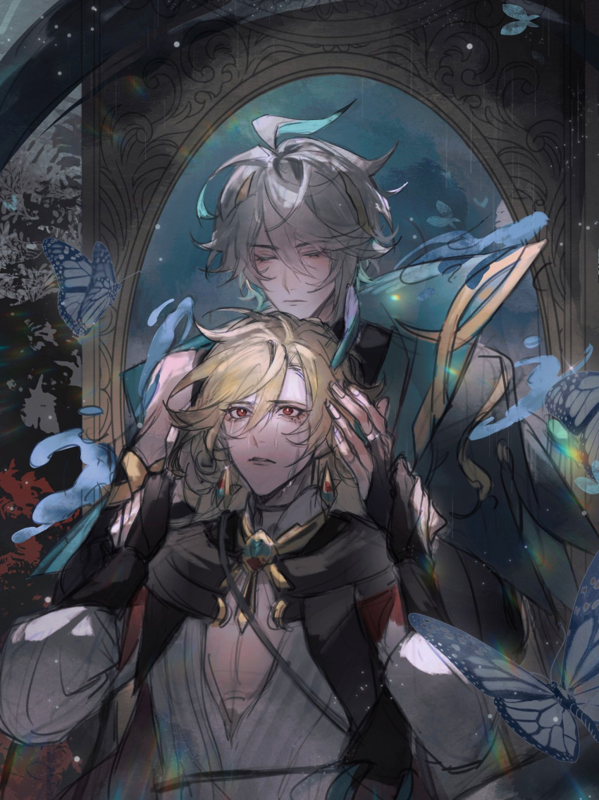 2boys, akademiya_uniform, alhaitham_(genshin_impact), black_gloves, blonde_hair, brooch, bug, butterfly