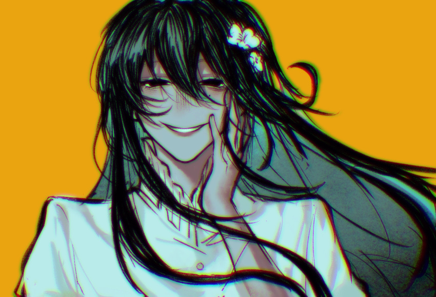 1boy, black_eyes, black_hair, chinese_commentary, chromatic_aberration, commentary_request, flower, hair_between_eyes