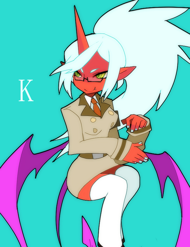 demon_girl, fang, glasses, green_eyes, horns, kneesocks_(character), kneesocks_(psg), long_hair