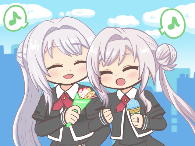 2girls, :d, ^_^, bad_id, bad_pixiv_id, black_dress, black_jacket, blue_sky
