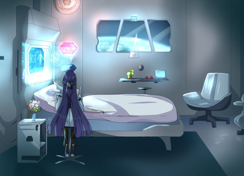 2girls, bed, chair, commentary, earth_(planet), english_commentary, flower, from_behind