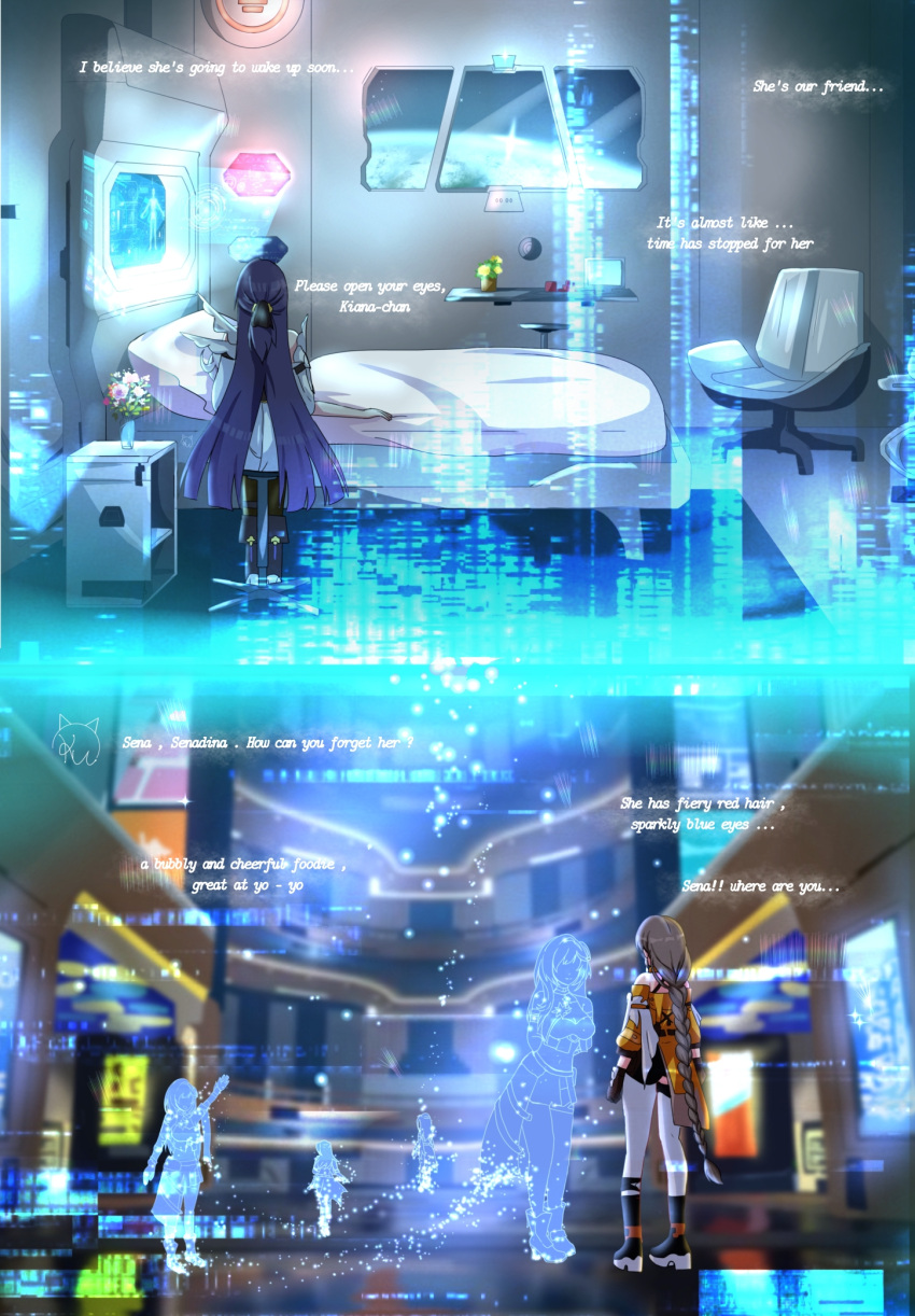 4girls, arms_behind_back, bare_shoulders, bed, black_gloves, brown_hair, chair, city